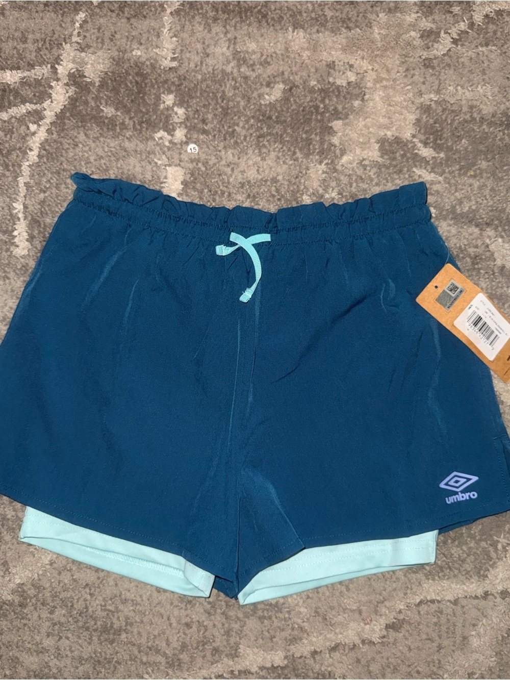 Umbro Teal Blue Girls' Double-Layer Athletic Shorts with Aqua Drawcord